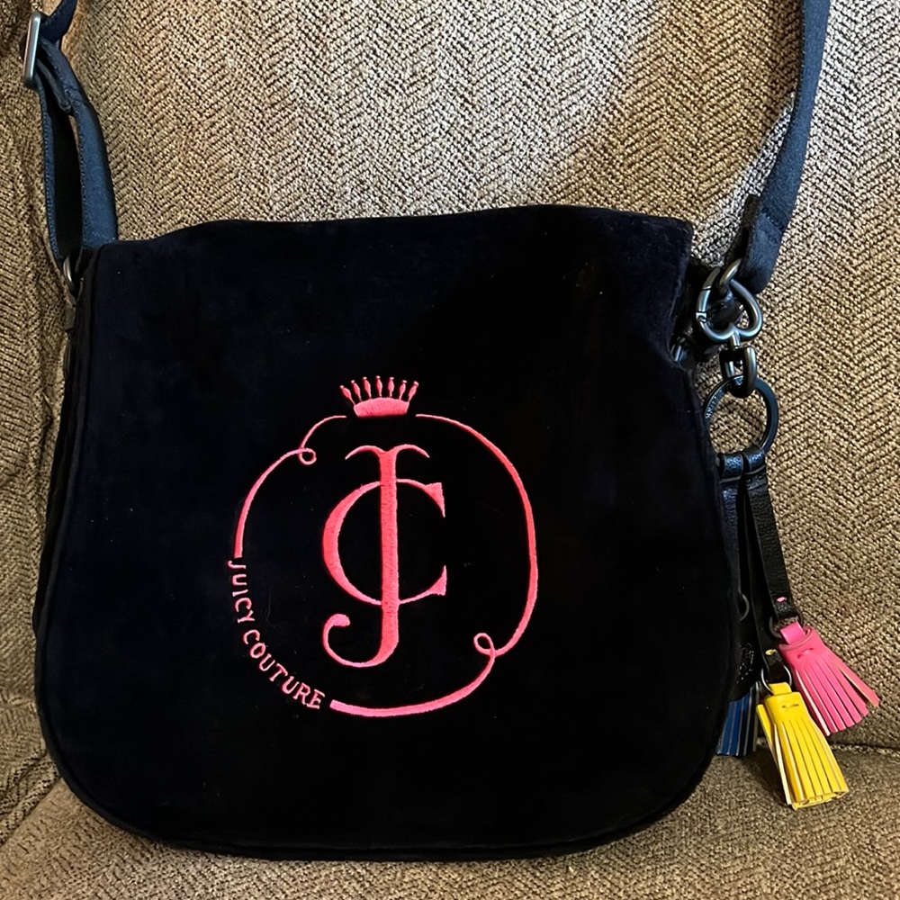Htf Juicy Couture Velour Black And Pink Crossbody Purse